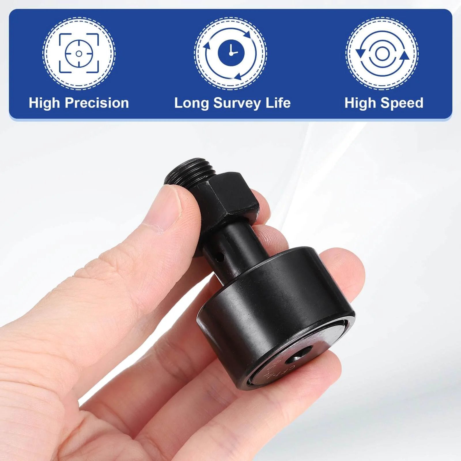 Hand holding 2pcs cf-1-1/4-sb cr20 cam follower track runner bearings, chrome steel roller stud track bearing, 1/2-20 unf stud type