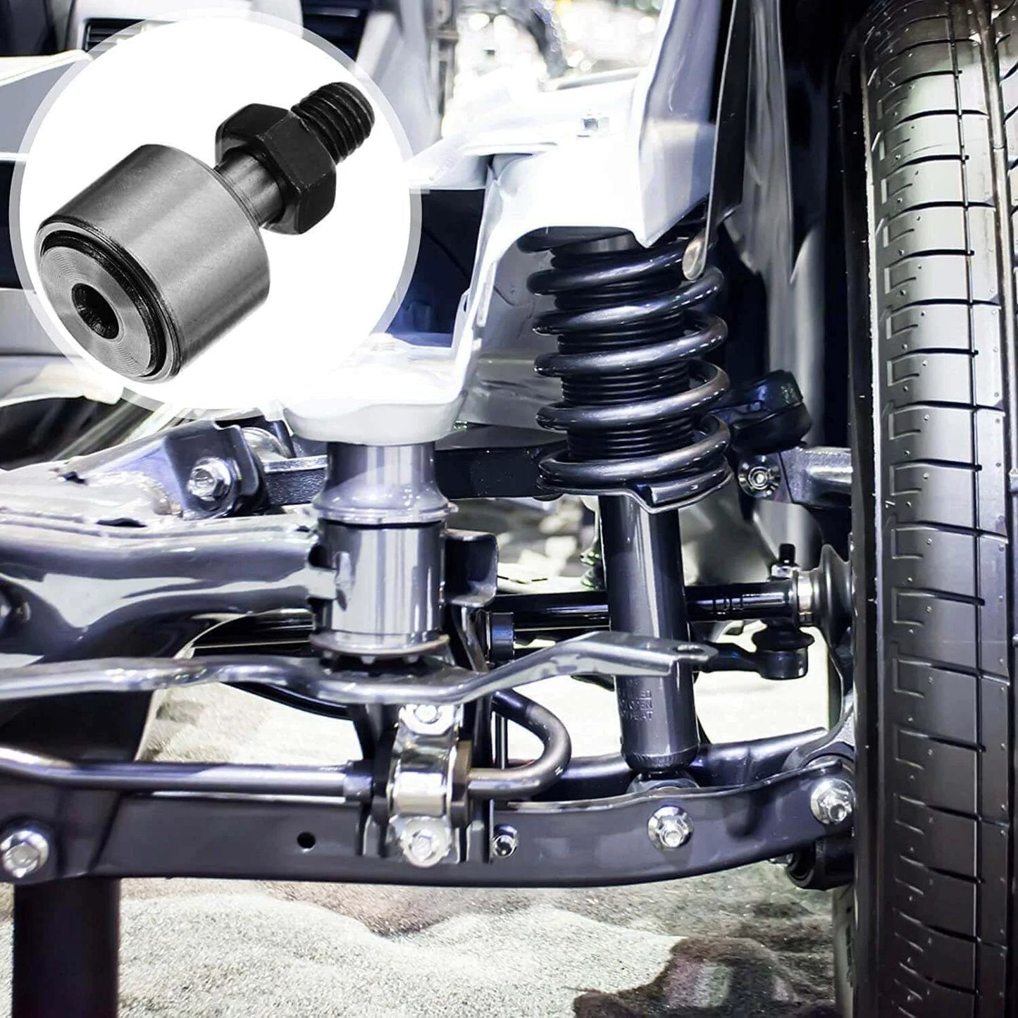 HiPicco Cam Follower Track Runner Bearings CF5/KR13 shown in vehicle suspension system, 13mm roller diameter, stud type for machine tools