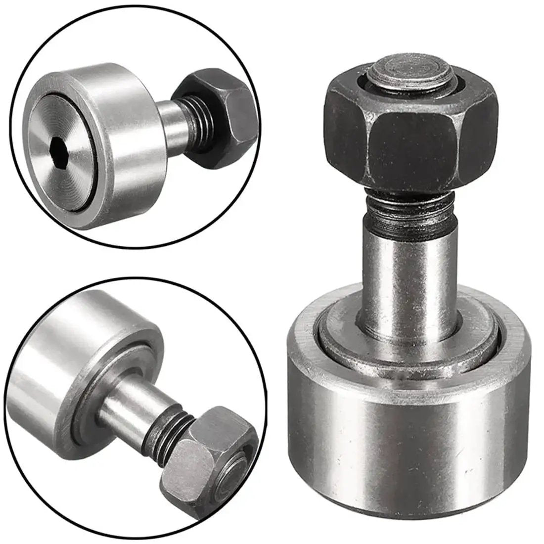 Beefed Up Heavy Duty Cam Follower Track Roller Bearings CF12 KR30 4 Piece Set, 30mm roller, M12x1.5 thread, side and close-up view