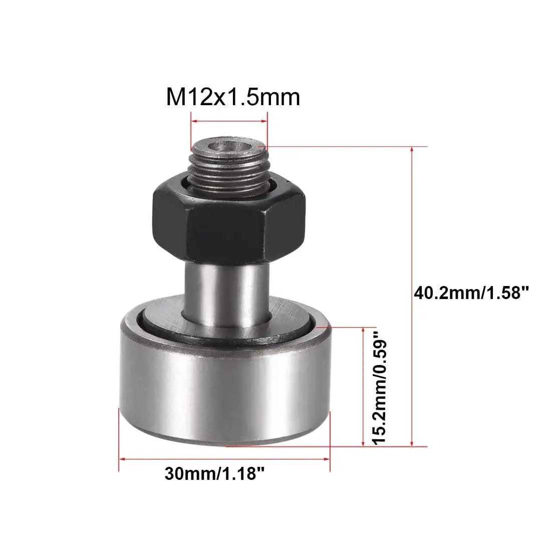 Beefed Up Heavy Duty Cam Follower Track Roller Bearings CF12 KR30 with M12x1.5 thread, 30mm roller diameter, 14mm width shown