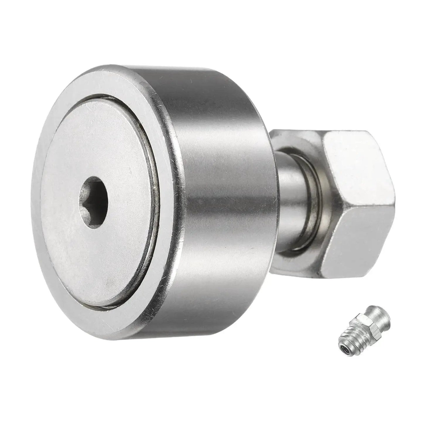 Cam Follower Track Runner Bearing CF20 KR52 304 stainless steel needle roller stud with M20 hex socket, shown with 52mm roller diameter