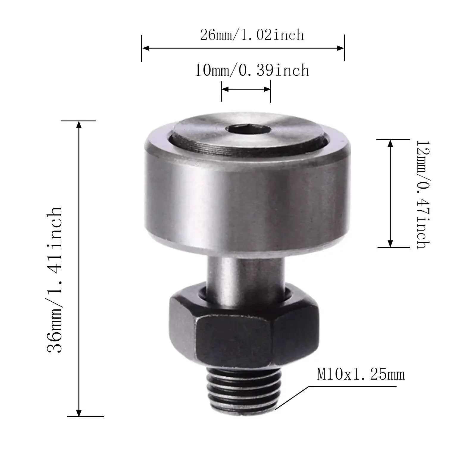 CF10-1 Cam Follower Needle Roller Bearing Bolt Kit 26mm OD with dimensions, bolt-type track roller, heavy duty bearing steel