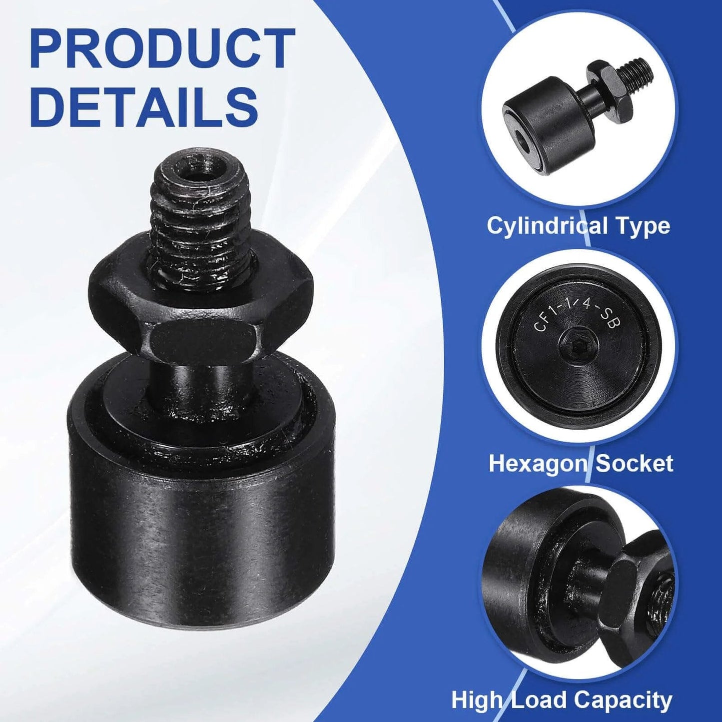 Detailed view of uxcell 2Pcs CF-1/2-NSB CR8 Cam Follower Track Runner Bearings, showing cylindrical type, hexagon socket, and high load capacity.