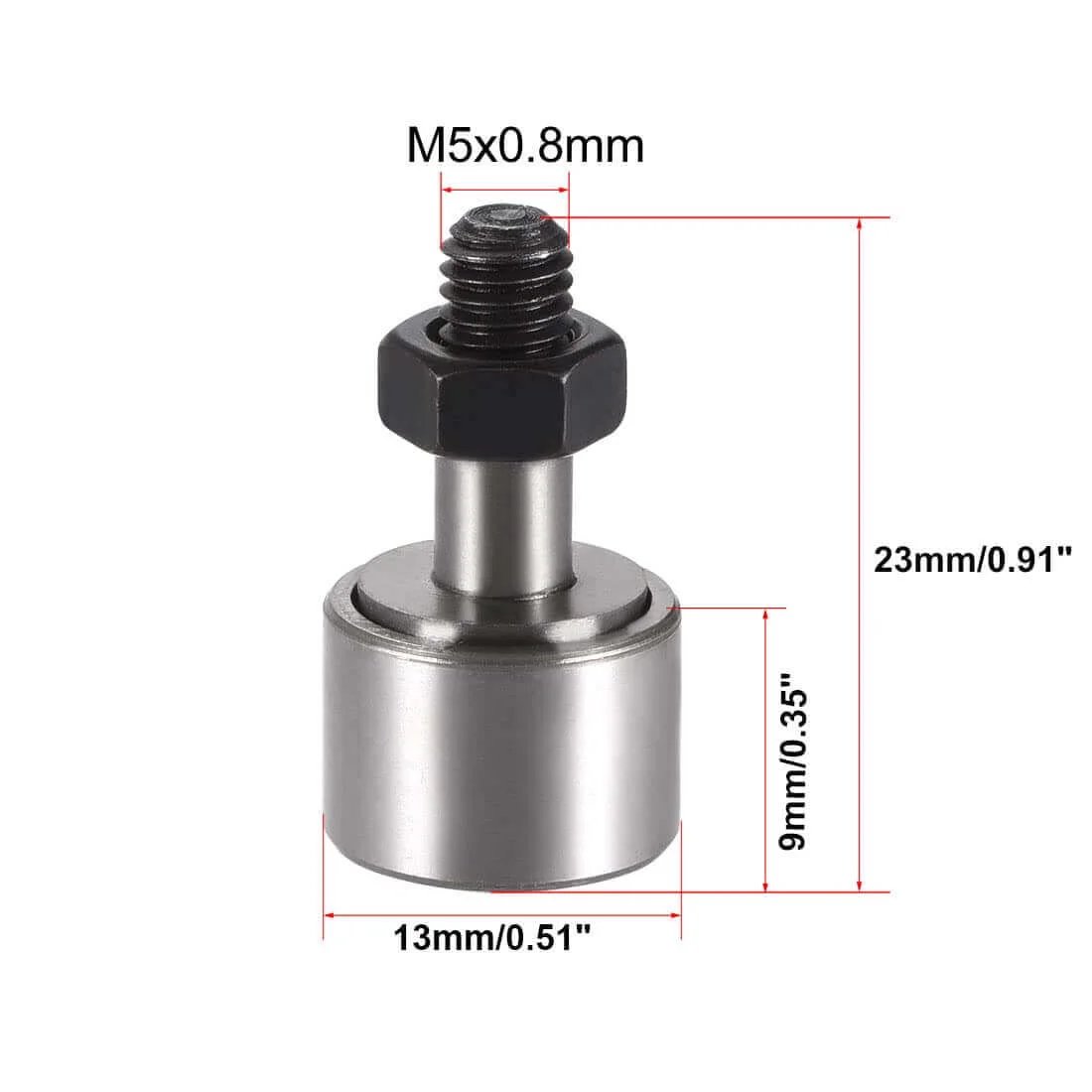 ✝️ HiPicco Cam Follower Track Runner Bearings CF5/KR13, 13mm roller, side view with dimensions for machine tools and 3D printers.