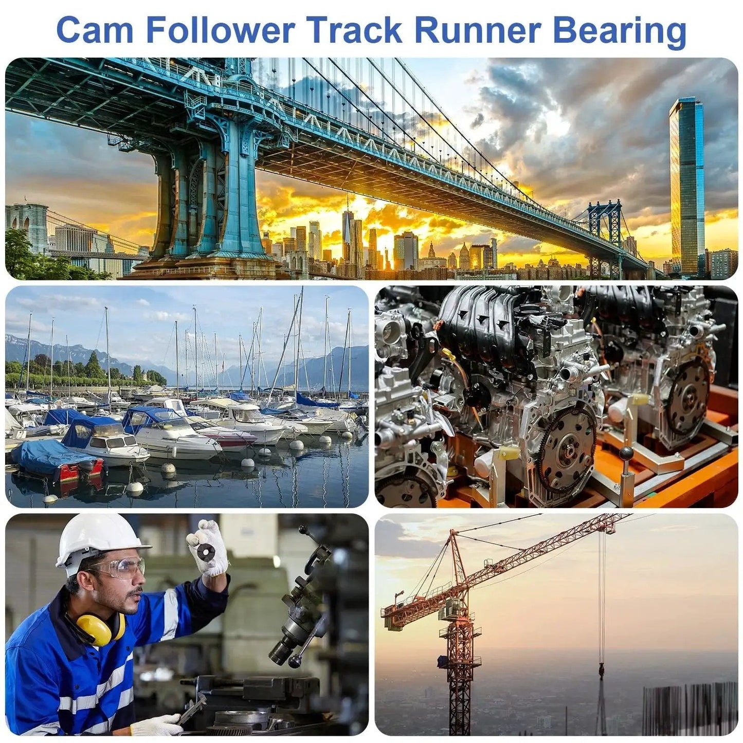 Industrial applications of Cam Follower Track Runner Bearing CF20 KR52, showcasing machinery, bridges, boats, and construction settings.
