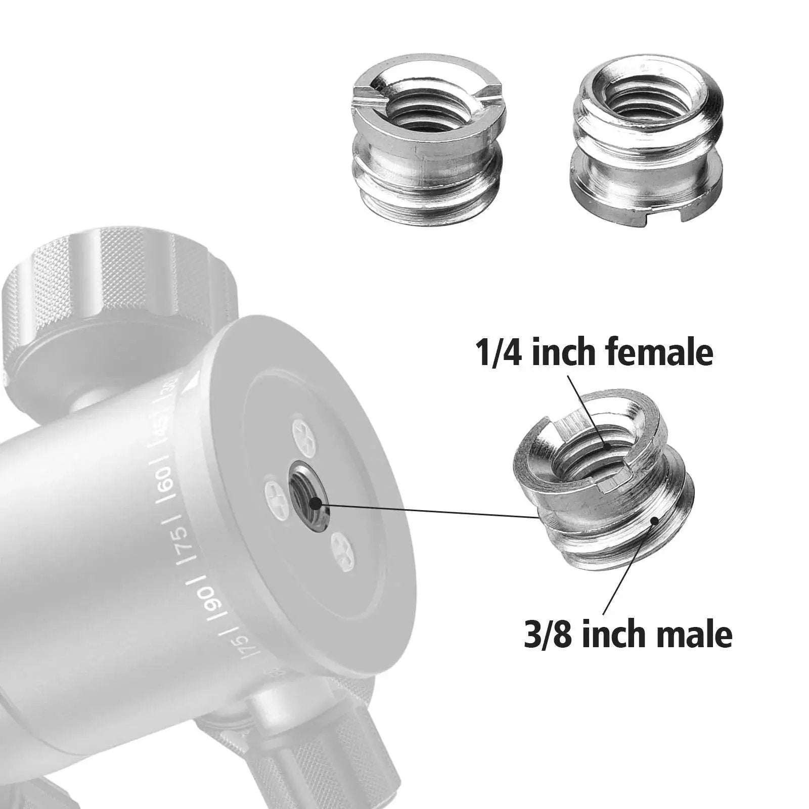 Diagram showing 1/4 inch female to 3/8 inch male adapter from Twenty Two Piece Camera Screw Adapters Kit With Reducer Bushings And Various One Quarter Inch To Three Eighths Inch Connections Including One Quarter Inch To Three Eighths Screws One Quarter Inch To One Quarter Inch Screws And Hot Shoe Mounts For Tripods.