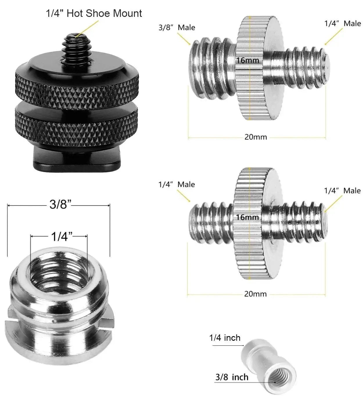 Various screws and hot shoe mount from the Twenty Two Piece Camera Screw Adapters Kit With Reducer Bushings And Various One Quarter Inch To Three Eighths Inch Connections Including One Quarter Inch To Three Eighths Screws One Quarter Inch To One Quarter Inch Screws And Hot Shoe Mounts For Tripods, showcasing different sizes and threads.