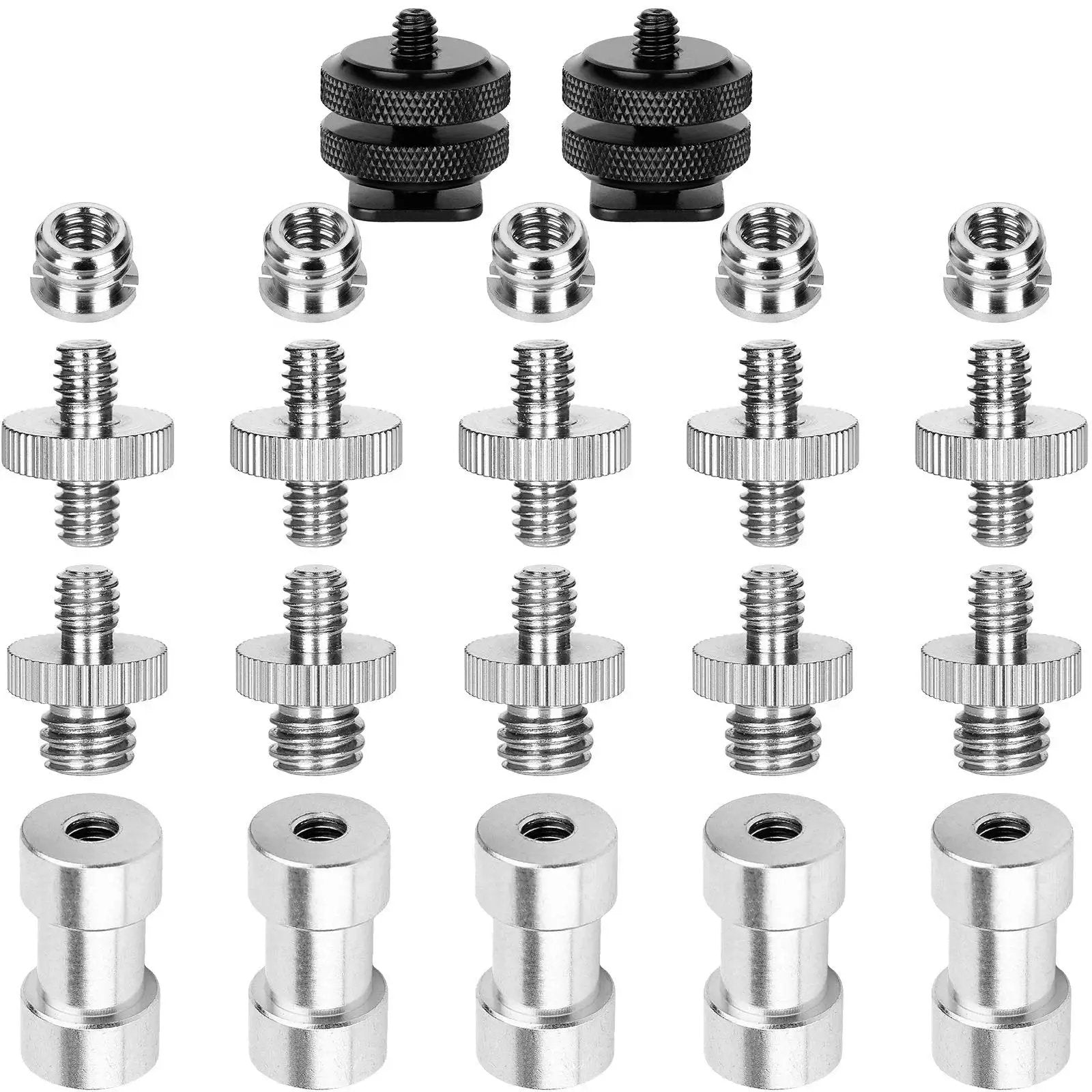 Twenty Two Piece Camera Screw Adapters Kit With Reducer Bushings And Various One Quarter Inch To Three Eighths Inch Connections displayed