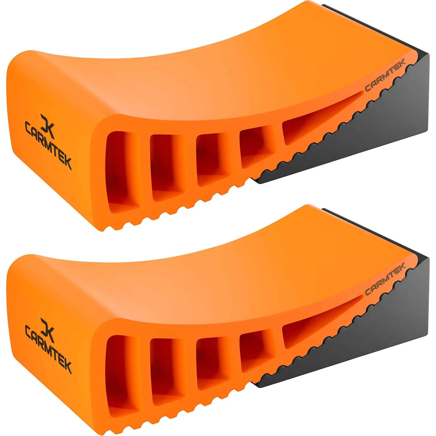 Camper Leveler 2 Pack Kit With Curved RV Levelers And Wheel Chocks For Tight Dual Axle Trailers Faster RV Leveling Than Old School Blocks Essential RV Accessories For Travel Trailers Carmtek shown in orange with anti-slip design