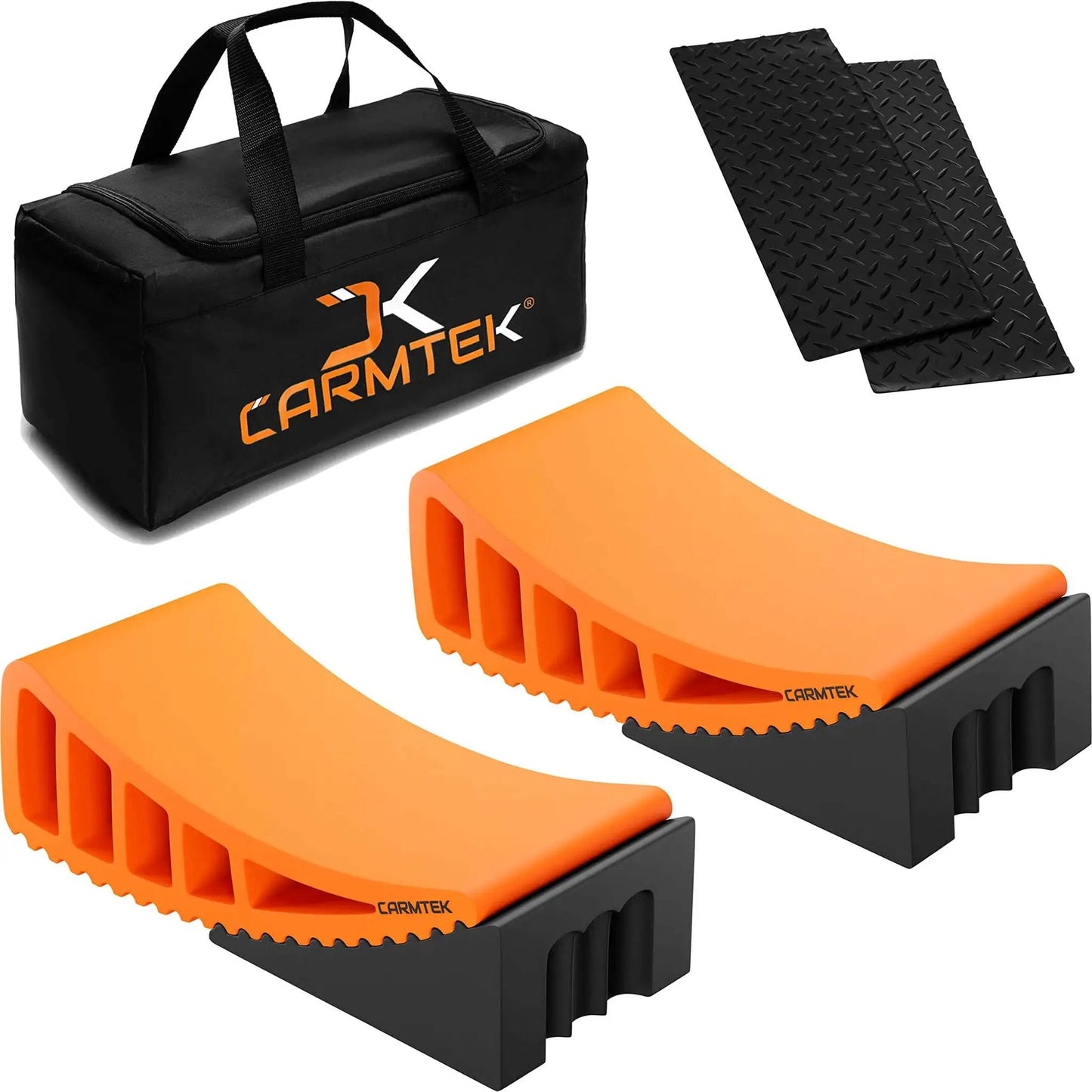 Pro Grade Camper Leveler Kit With Curved RV Levelers Wheel Chocks Rubber Mats And Carry Bag For Tight Dual Axle Trailers