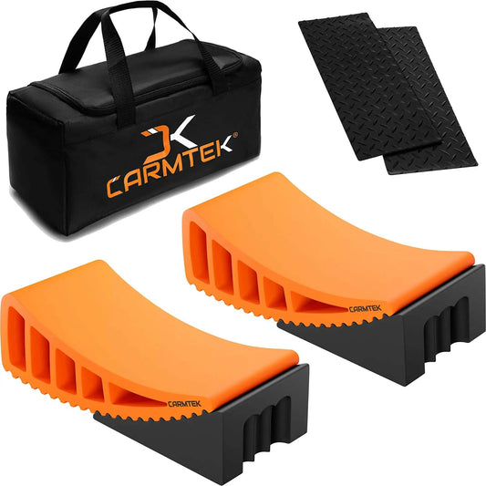 Pro Grade Camper Leveler Kit With Curved RV Levelers Wheel Chocks Rubber Mats And Carry Bag For Tight Dual Axle Trailers