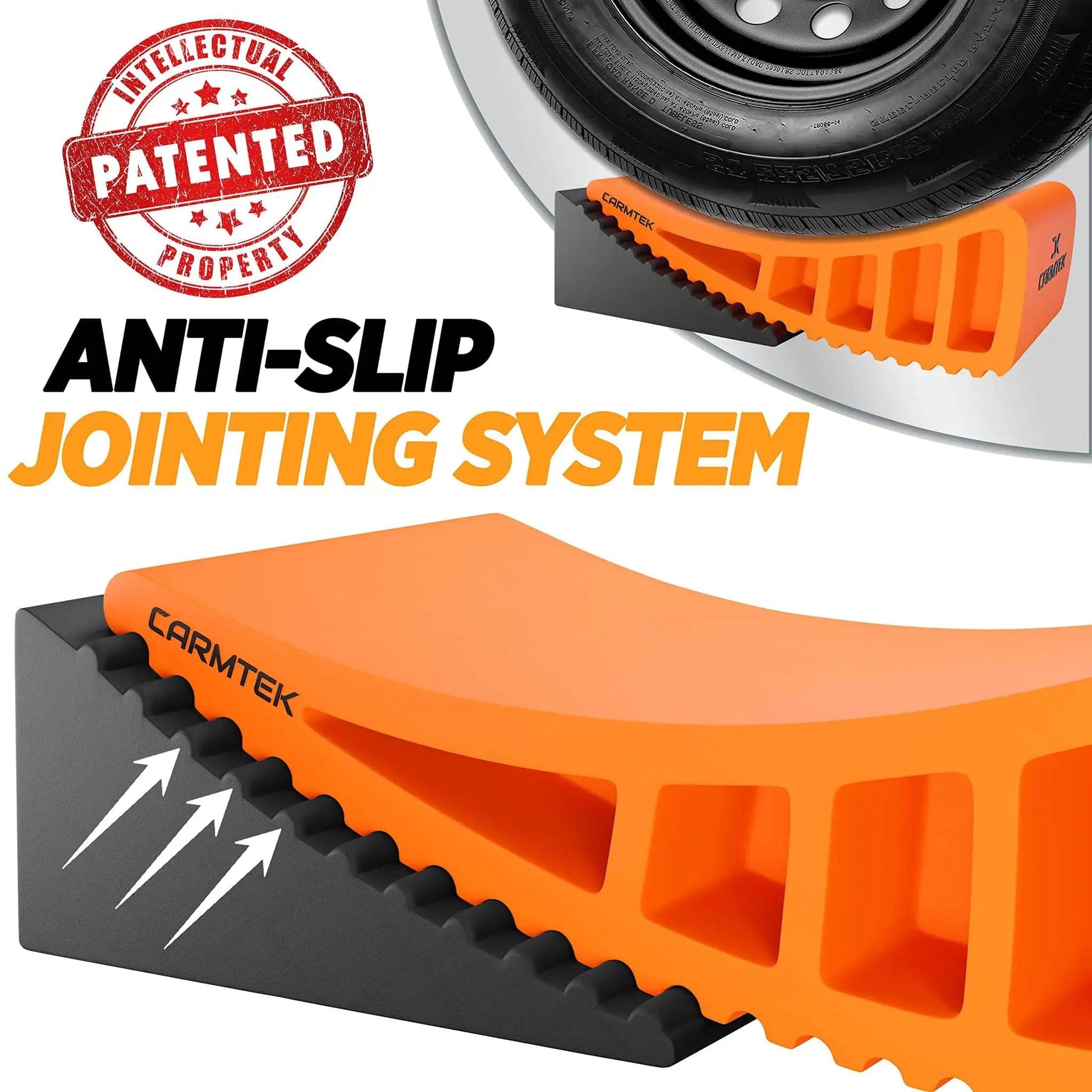 Camper Leveler 2 Pack Kit With Curved RV Levelers And Wheel Chocks For Tight Dual Axle Trailers Faster RV Leveling Than Old School Blocks Essential RV Accessories For Travel Trailers Carmtek showing anti-slip jointing system feature