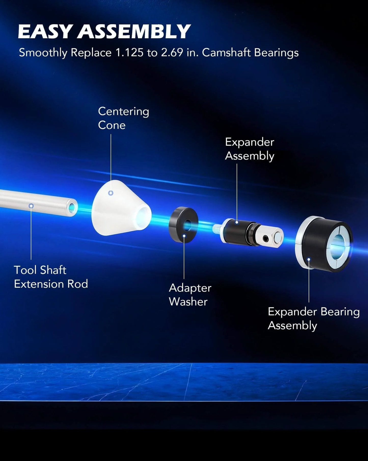 Components of Cam Bearing Removal and Installation Tool Set | Complete Camshaft Bearing Tool Kit with labeled parts.