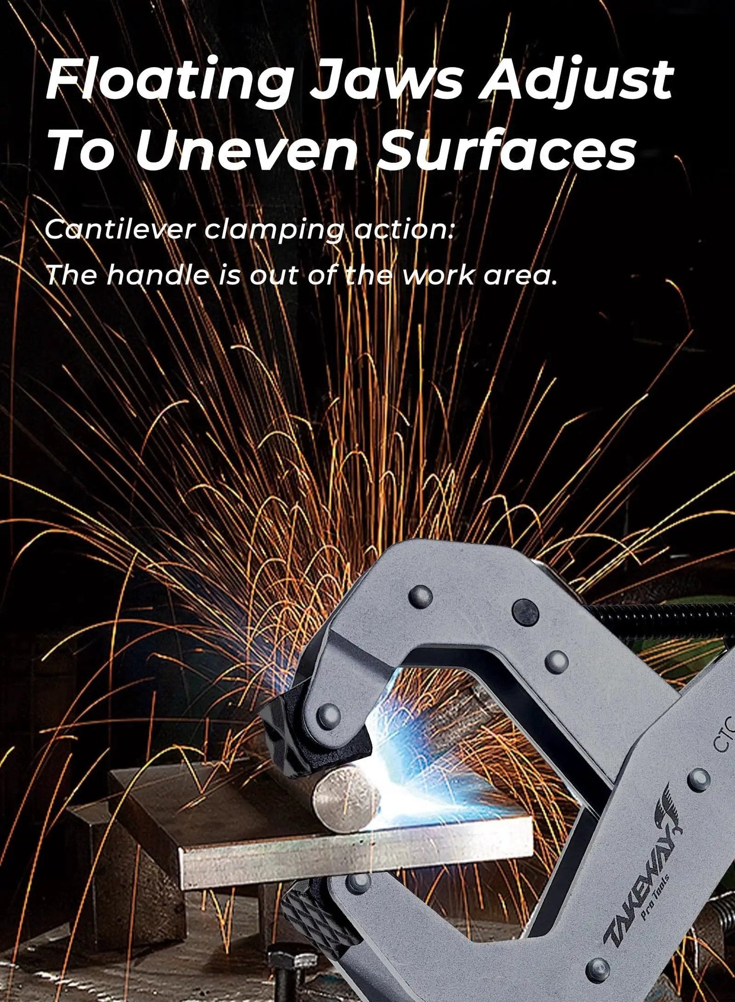 Deep Throat Welding And Fabrication Clamp holding metal with sparks in background, heavy-duty, quick-release T-handle, metalworking