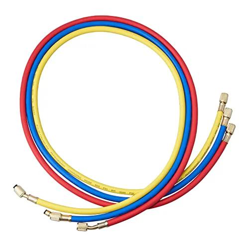 Car AC Gauge Set With 3 Way Manifold And 5 Ft Hoses Couplers And Can Tap for R134A R22 R12 R502 Refrigerants, red, blue, yellow hoses