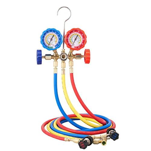 Car AC Gauge Set With 3 Way Manifold And 5 Ft Hoses Couplers And Can Tap For R134A R22 R12 R502 Refrigerants shown from front view.
