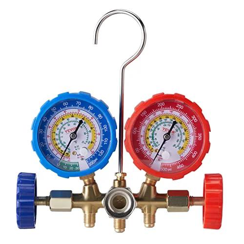 Car AC Gauge Set With 3 Way Manifold And 5 Ft Hoses Couplers And Can Tap For R134A R22 R12 R502 Refrigerants, close-up view of pressure gauges.