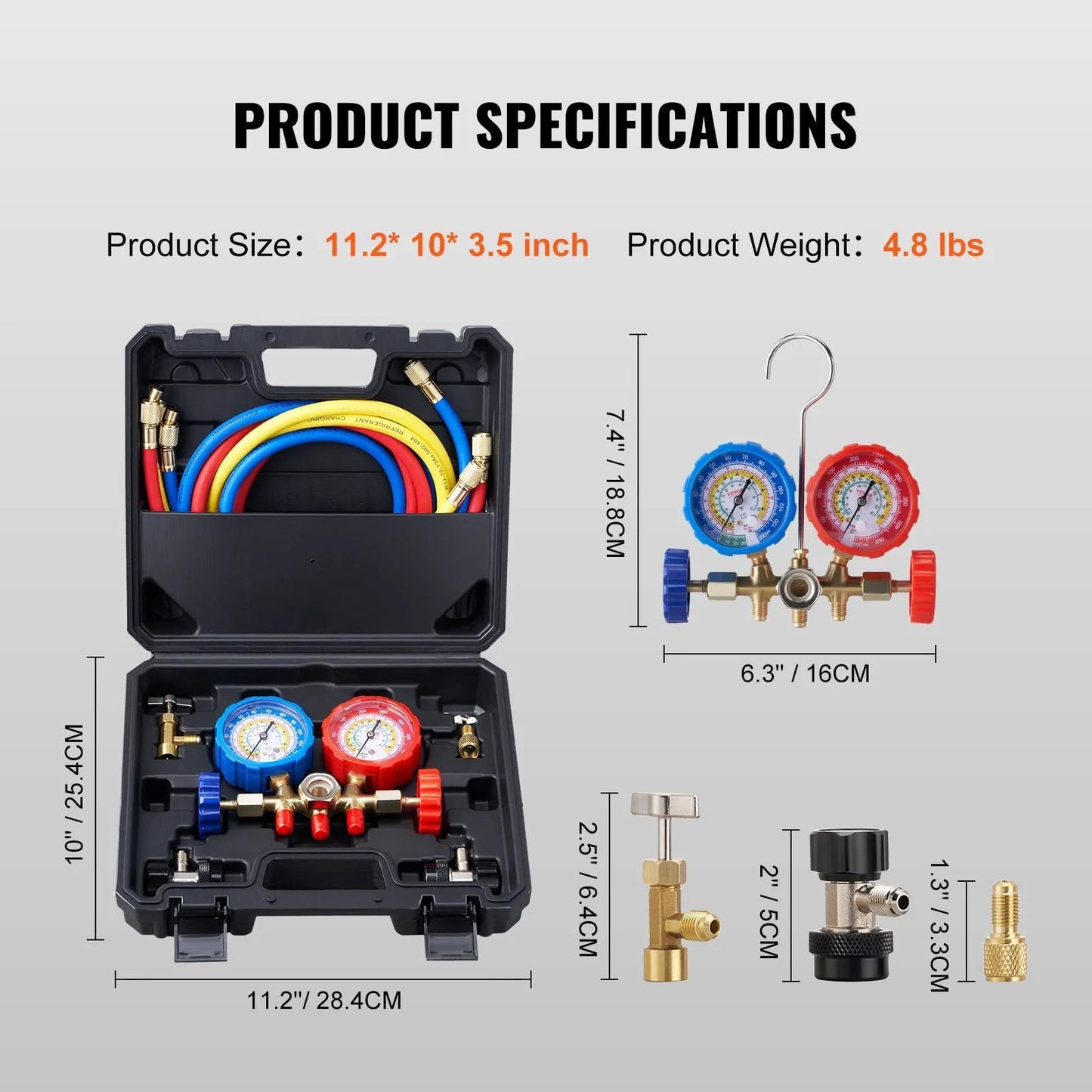 Car AC Gauge Set With 3 Way Manifold And 5 Ft Hoses Couplers And Can Tap For R134A R22 R12 R502 Refrigerants shown in case with specifications.