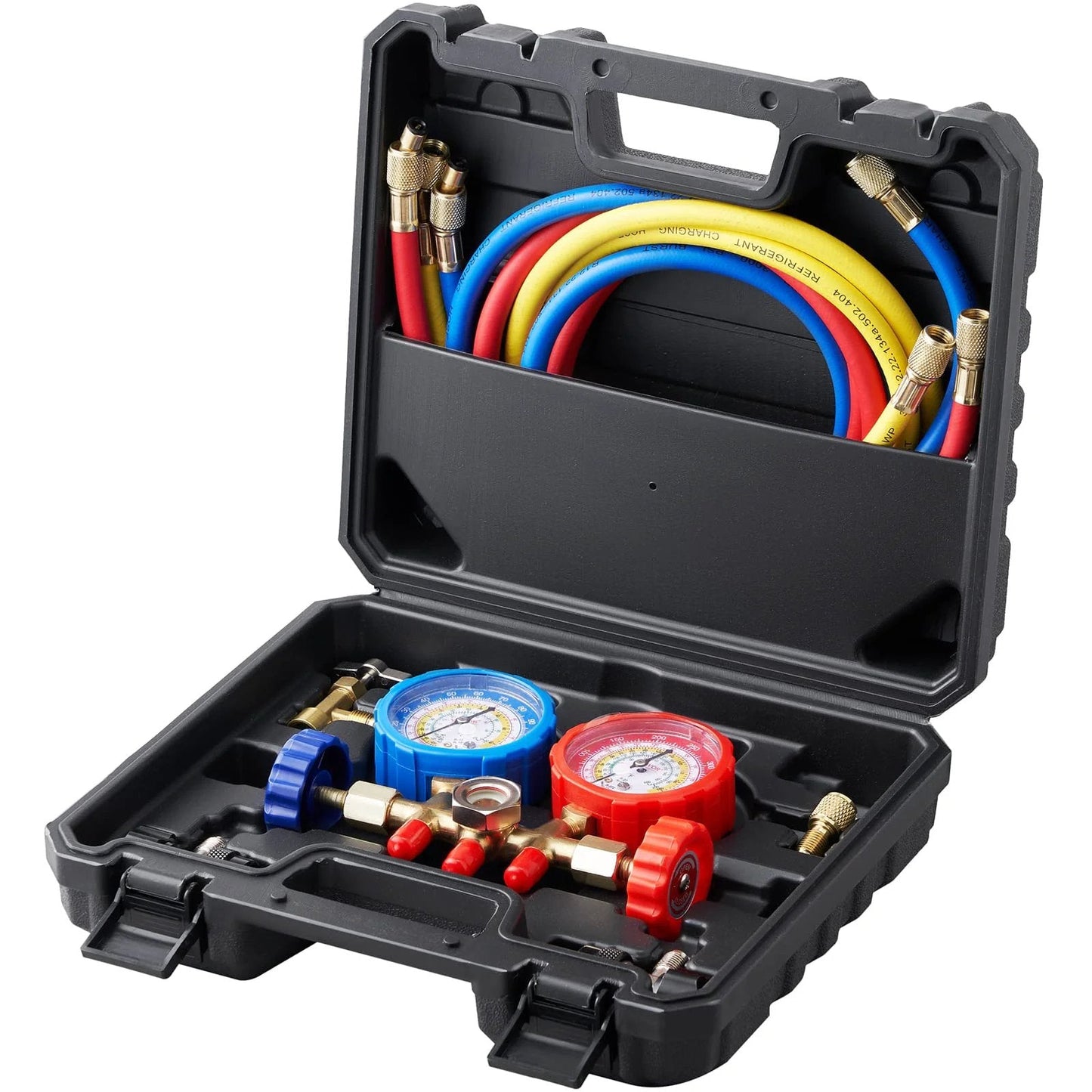 Car AC Gauge Set With 3 Way Manifold And 5 Ft Hoses Couplers And Can Tap For R134A R22 R12 R502 Refrigerants Ideal For Vehicle AC Maintenance Home Cooling And Refrigerator Freon Charging And Evacuation DIY Friendly in a black carrying case.