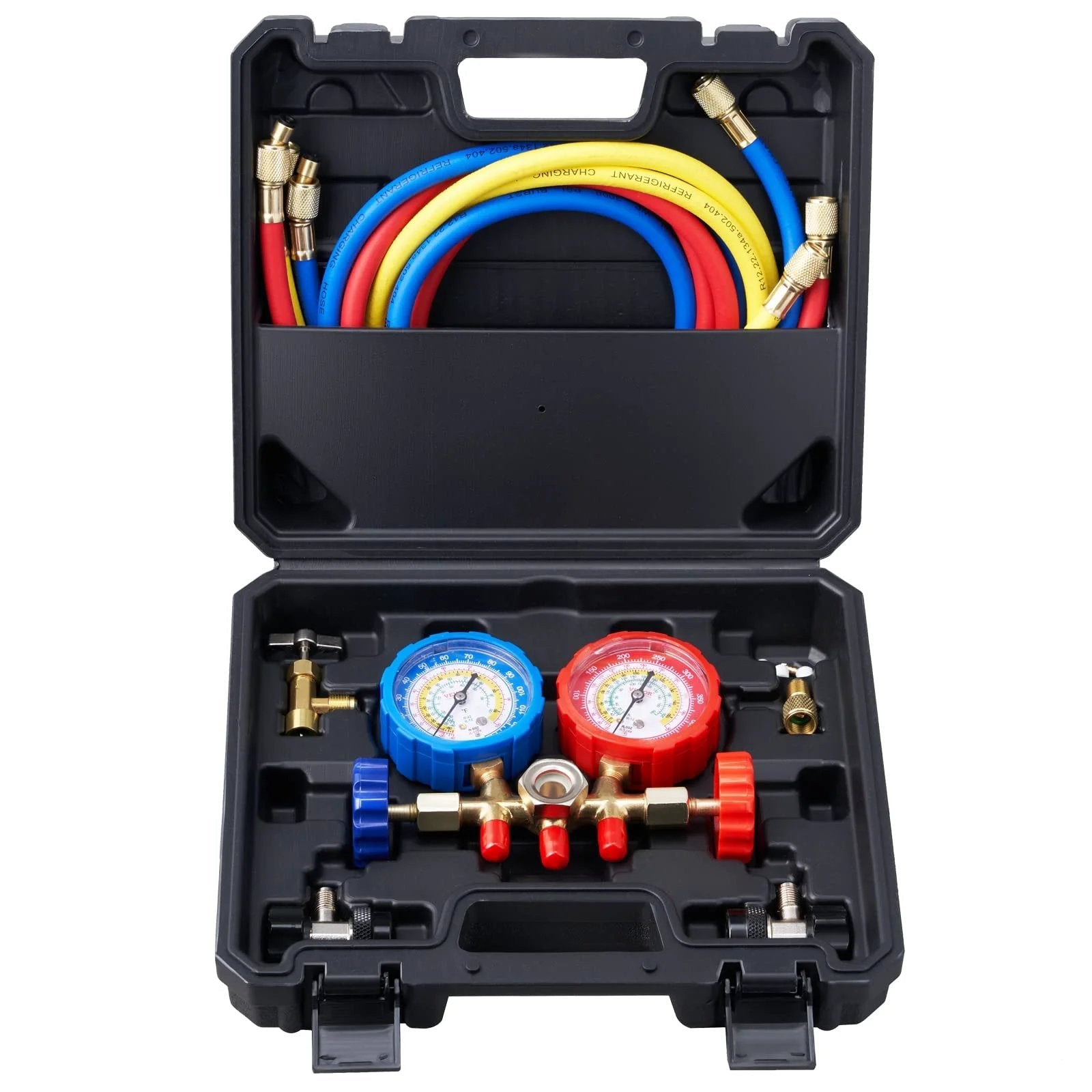 Car AC Gauge Set With 3 Way Manifold And 5 Ft Hoses Couplers And Can Tap For R134A R22 R12 R502 Refrigerants in black carrying case.