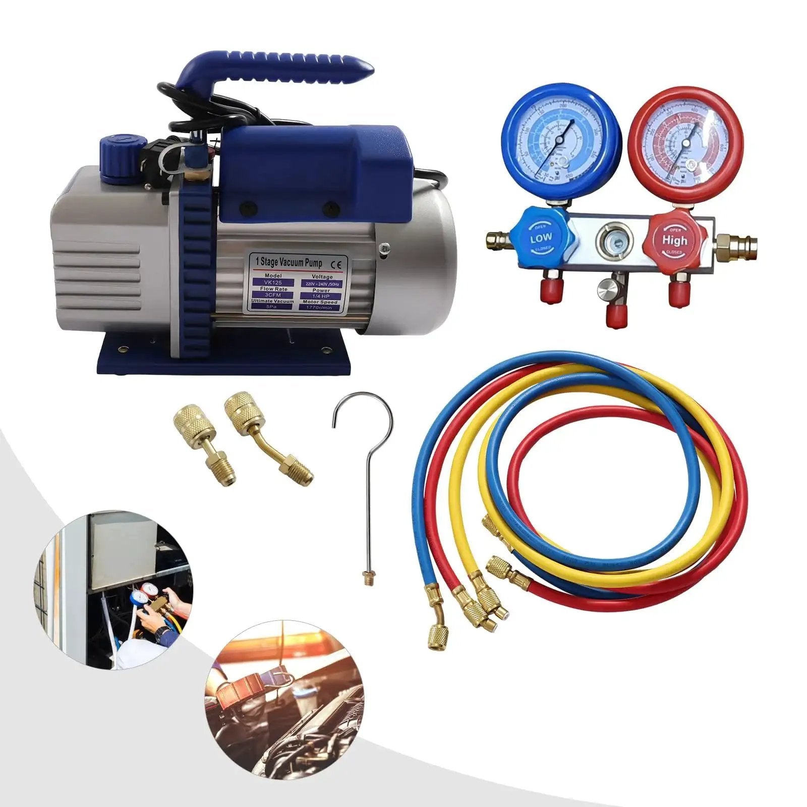 All In One Car AC Repair Kit With 3CFM Vacuum Pump And 4 Way Manifold Gauge For R134a And R410a shown with hoses and couplers
