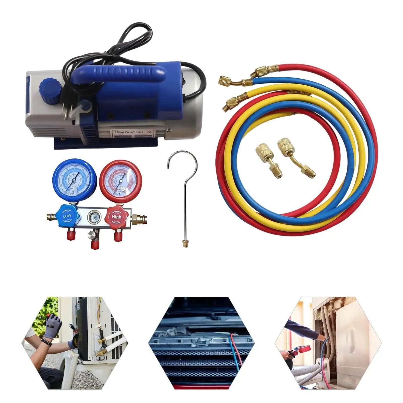 All In One Car AC Repair Kit With 3CFM Vacuum Pump And 4 Way Manifold Gauge For R134a And R410a, hoses, and couplers