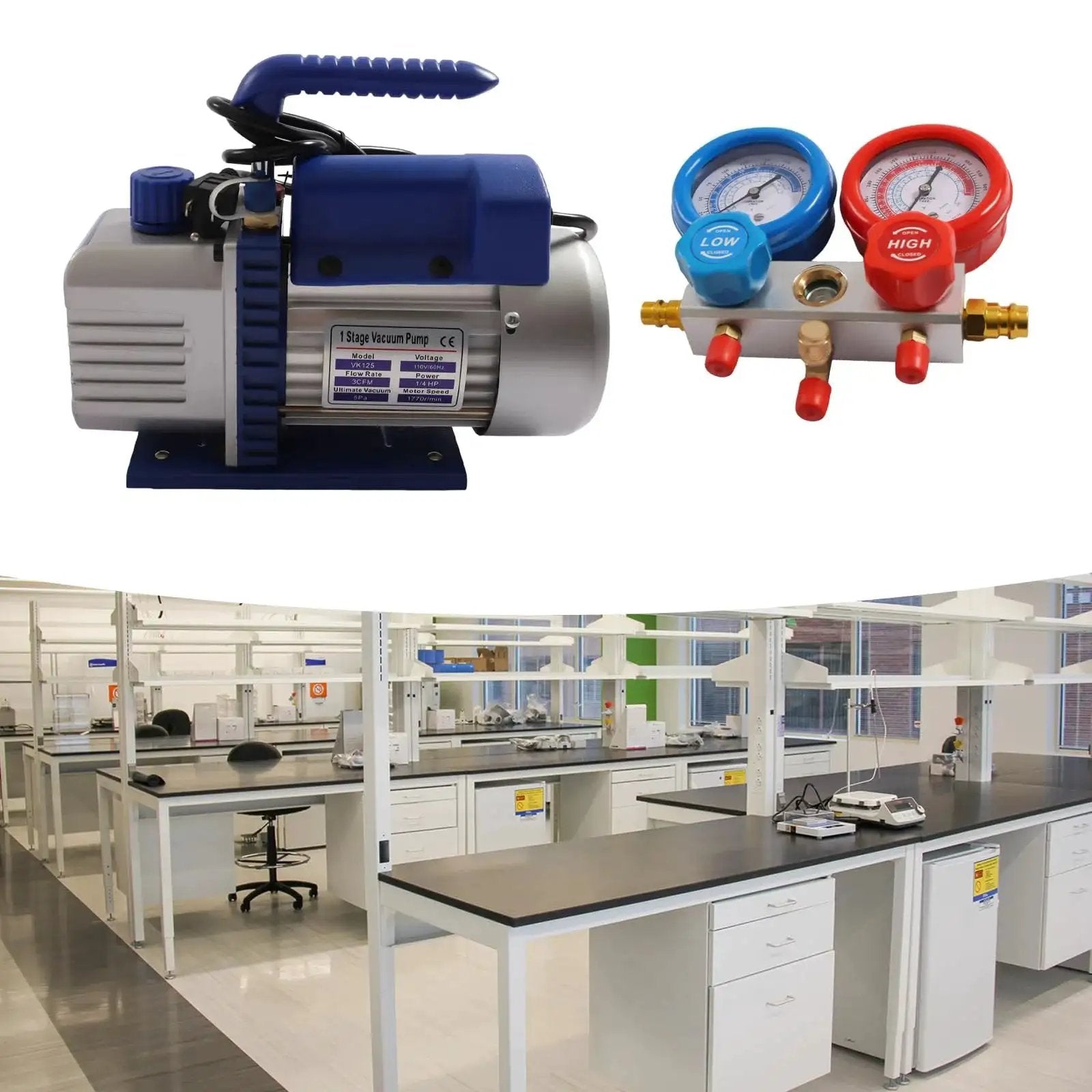 All In One Car AC Repair Kit With 3CFM Vacuum Pump And 4 Way Manifold Gauge For R134a And R410a 110V 150 Microns Vacuum