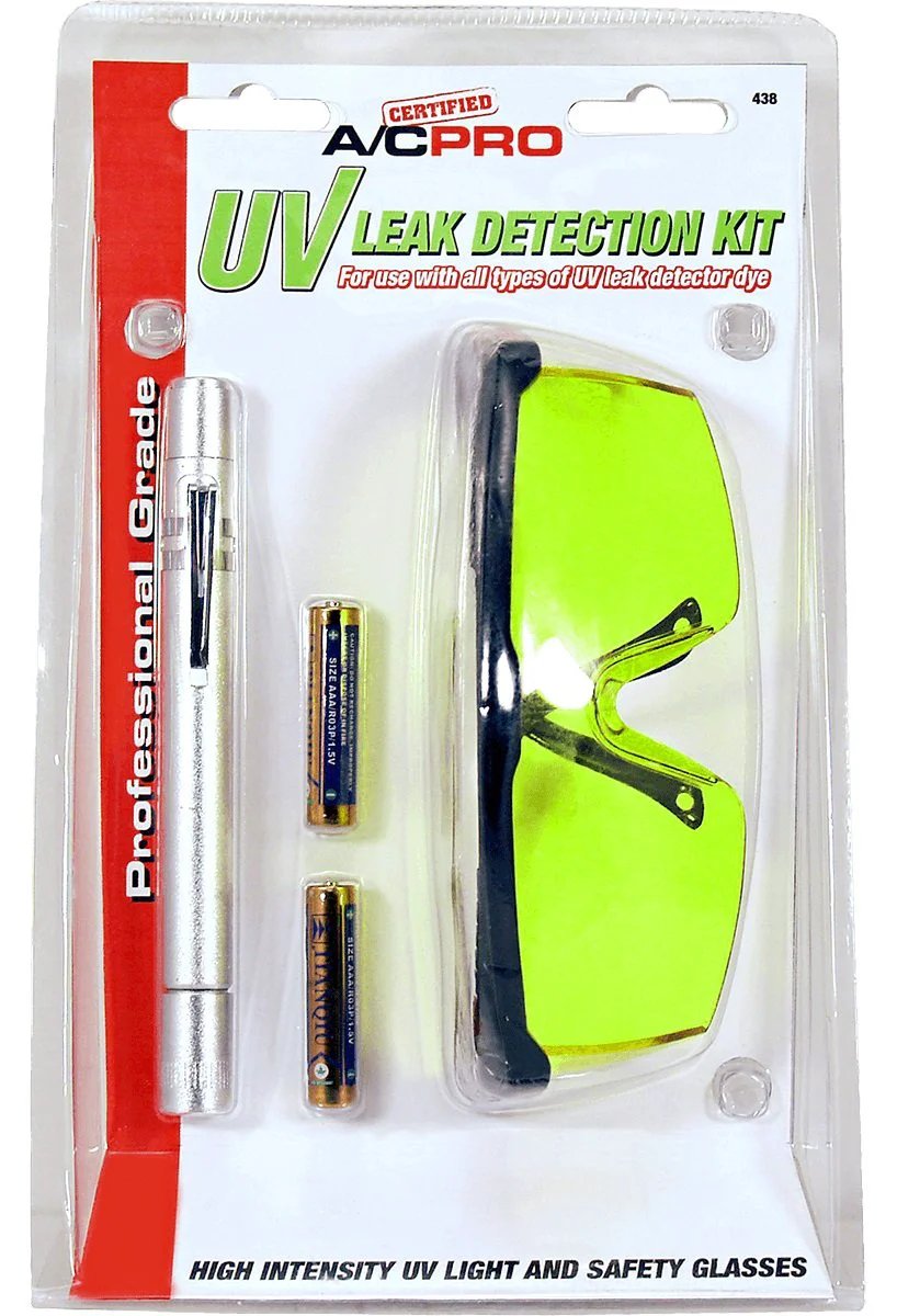Car AC UV Leak Detector Kit With Pen Light And Protective Glasses Pro Grade Detects O Ring And Hose Leaks Uses UV Dye Includes AAA Batteries Compact Leak Detection Tool For Automotive Air Conditioning in packaging.