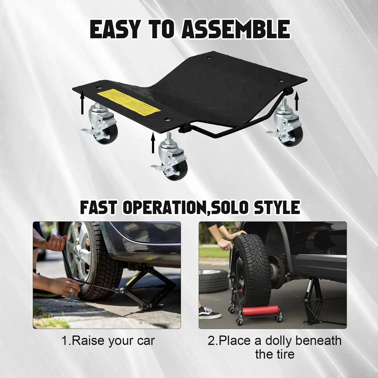 Heavy Duty Black Car Dollies Set Of 4 For Moving Cars With Large 3.5 Inch Steel Casters Anti Slip Rails Alloy Steel Construction