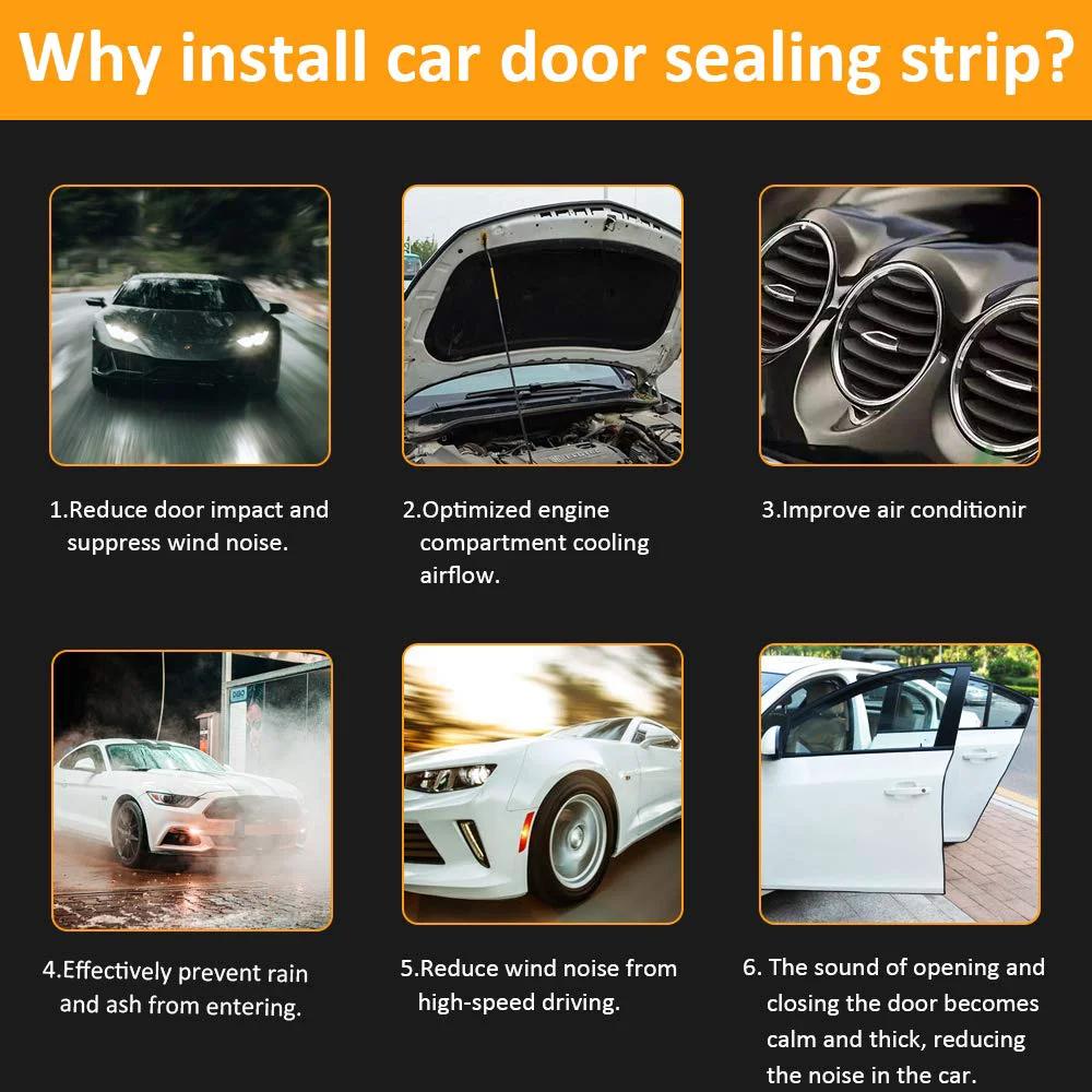 Image highlighting benefits of All Purpose Car Door Weather Stripping Seal Kit 20 Feet EPDM Foam Rubber with applications for noise and weather reduction.