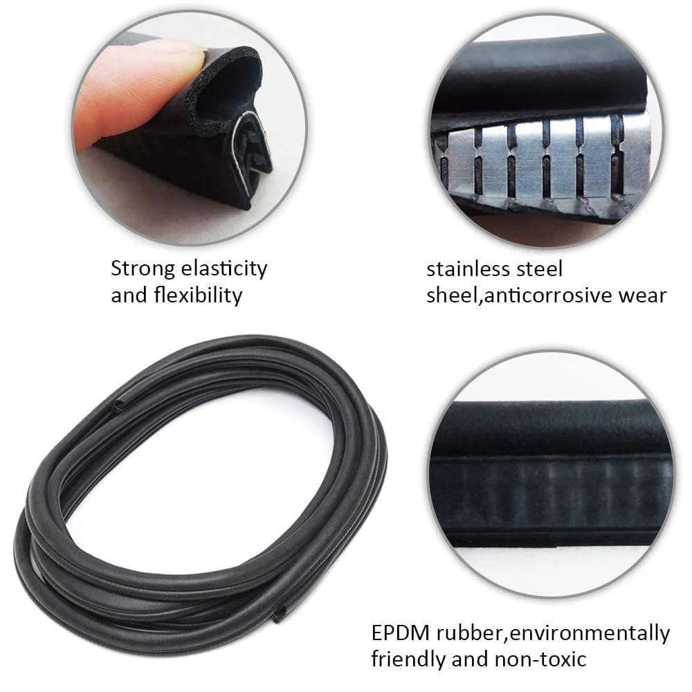 Close-up of EPDM foam rubber seal with stainless steel clips, showcasing flexibility and durability for weather protection.