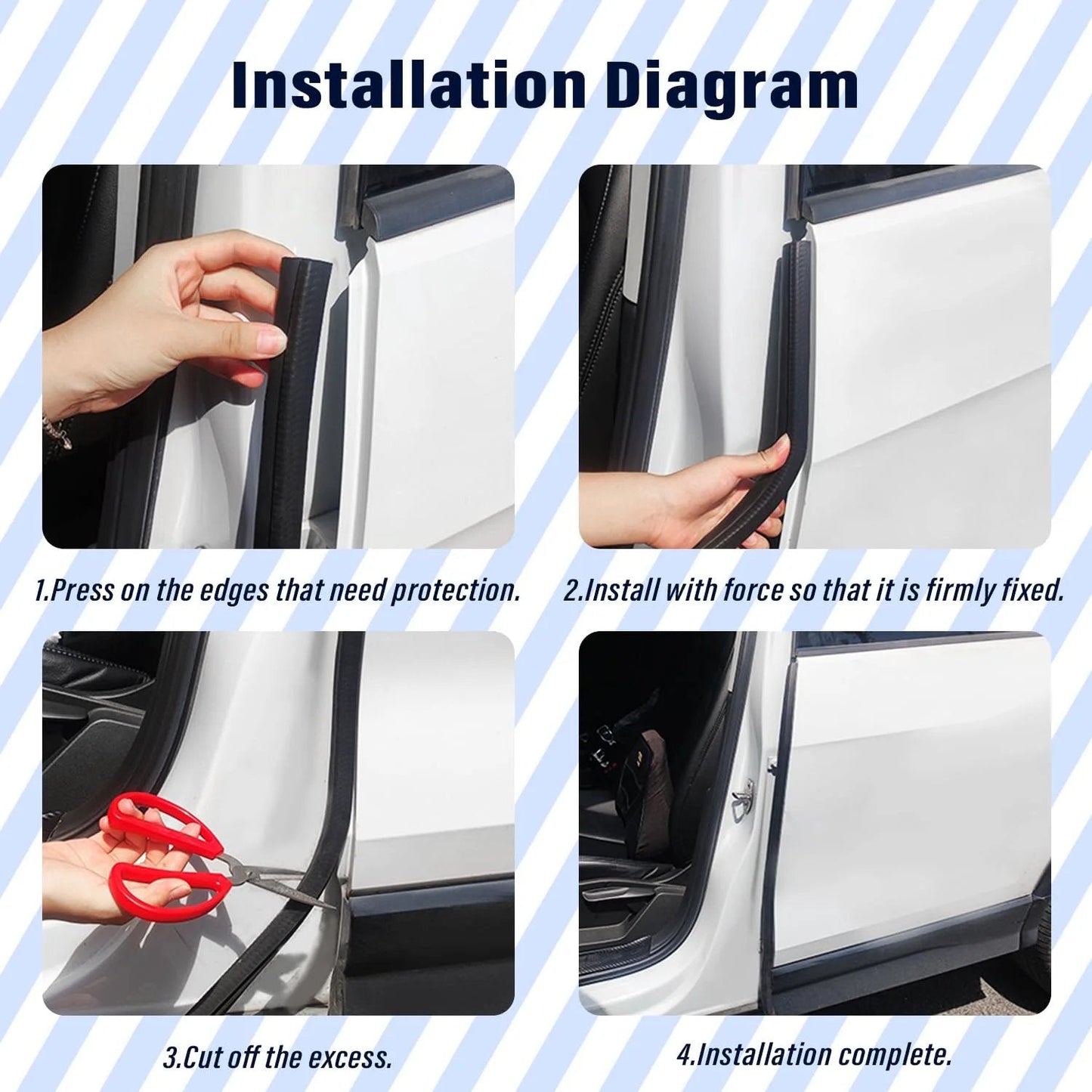 Installation diagram for Heavy Duty Car Door Weather Stripping Seal With U Shaped Rubber Edge Trim And Steel Strip.