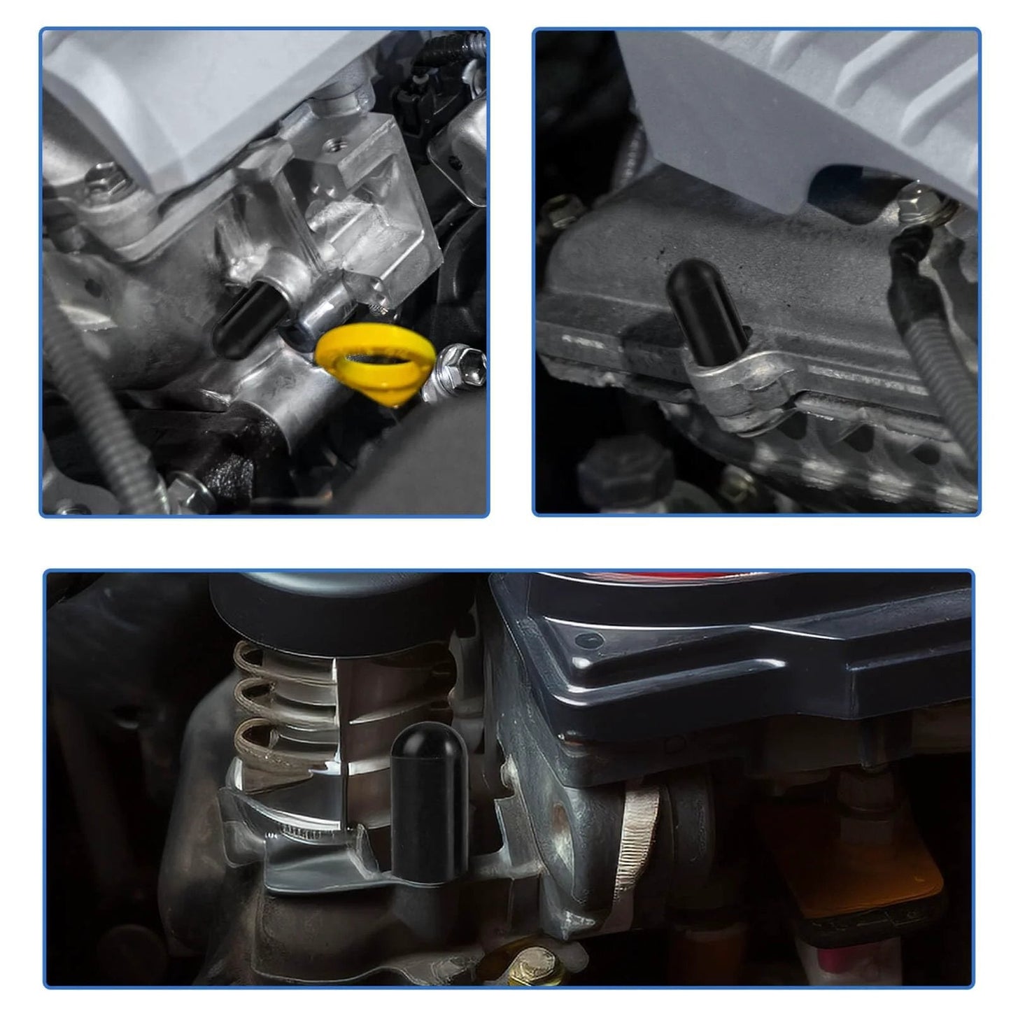 Images showing installation points for 108 Piece Rubber Vacuum Cap Set With Assorted Plugs For Carburetor Manifold And Automotive Hoses End Caps.