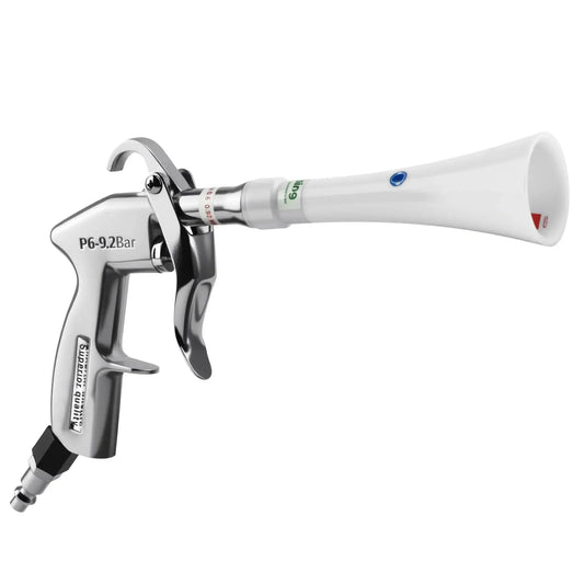 Powerful tornado dry cleaning gun blasts dirt and dust from car interiors with a brass adjustable air flow nozzle, 360 Degree swivel
