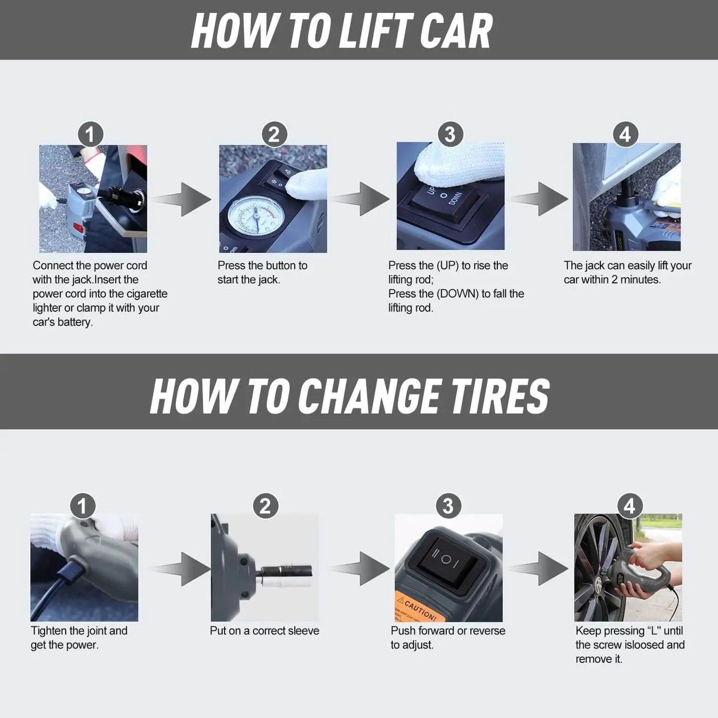 Step-by-step guide showing how to lift car and change tires using Portable 5 Ton 12V Electric Car Jack Kit With Hydraulic Floor Jack Impact Wrench And Built In 150 PSI Tire Inflator For Quick On The Go Tire Changes And Vehicle Emergency Repairs.
