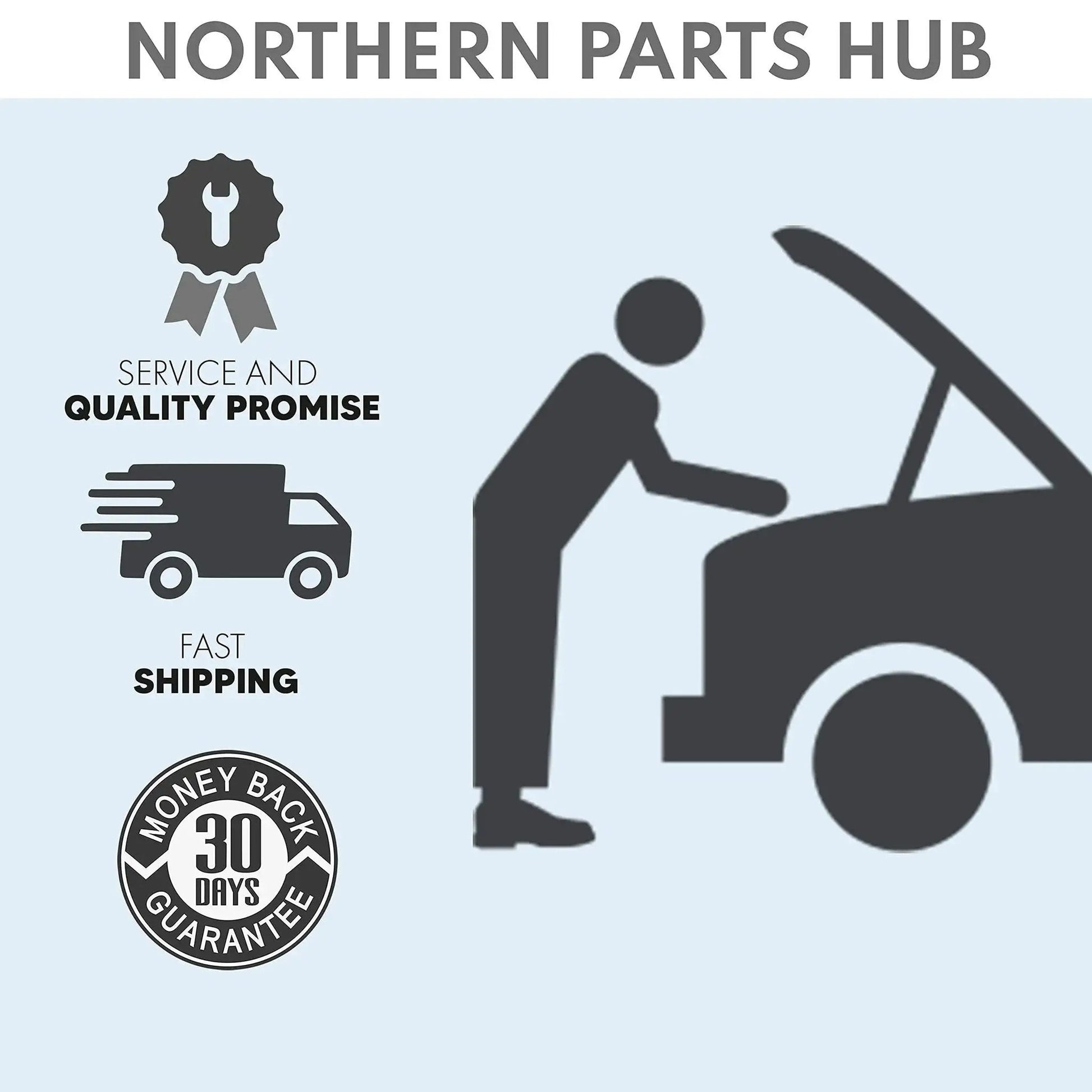 Illustration of person checking a vehicle engine with icons for service, fast shipping, and 30-day money-back guarantee.