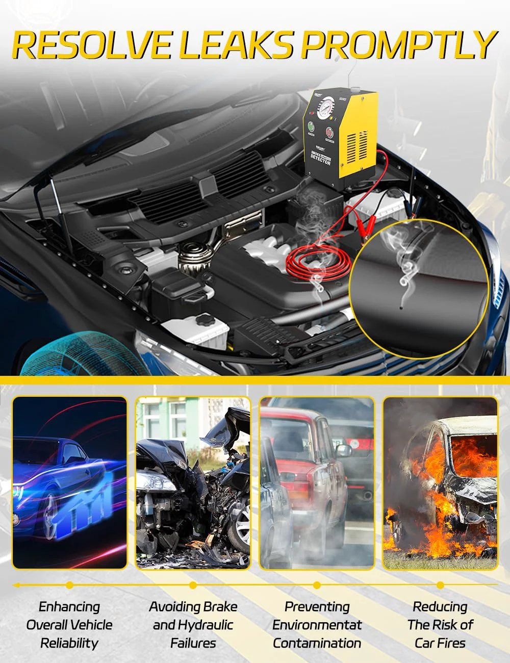 Professional Car Smoke Machine For Leak Detection And EVAP System Testing, 12V DC Portable Smoke Tester SD302 Solary under the car hood.