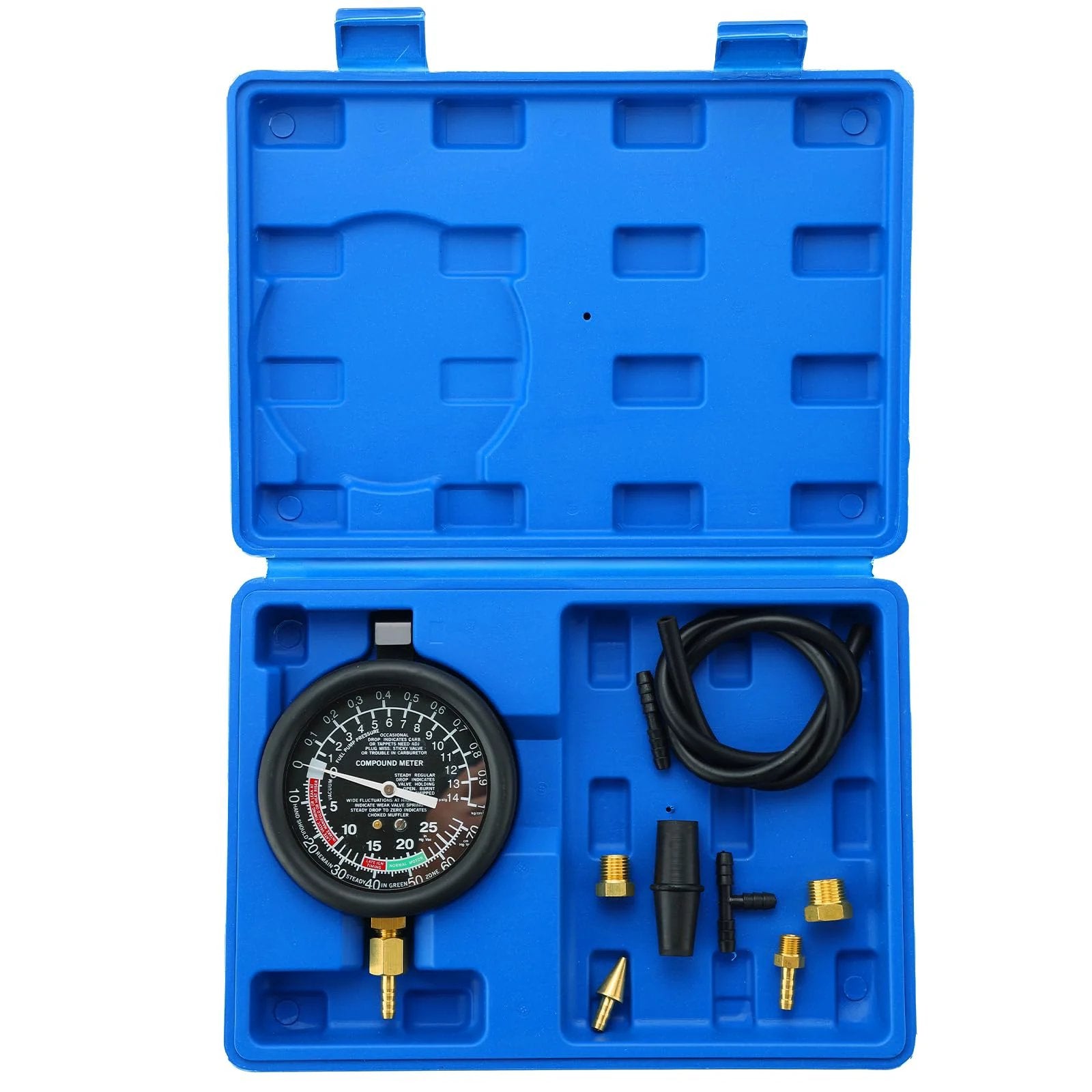 Pro Grade Vacuum And Fuel Pump Tester Gauge Kit For Car Carburetor Diagnostics And Engine Tuning, Fuel Pressure And Vacuum Gauge Tool To Check Delivery Pressure, Detect Leaks And Leaky Manifolds, Blue in case with gauges and hoses.
