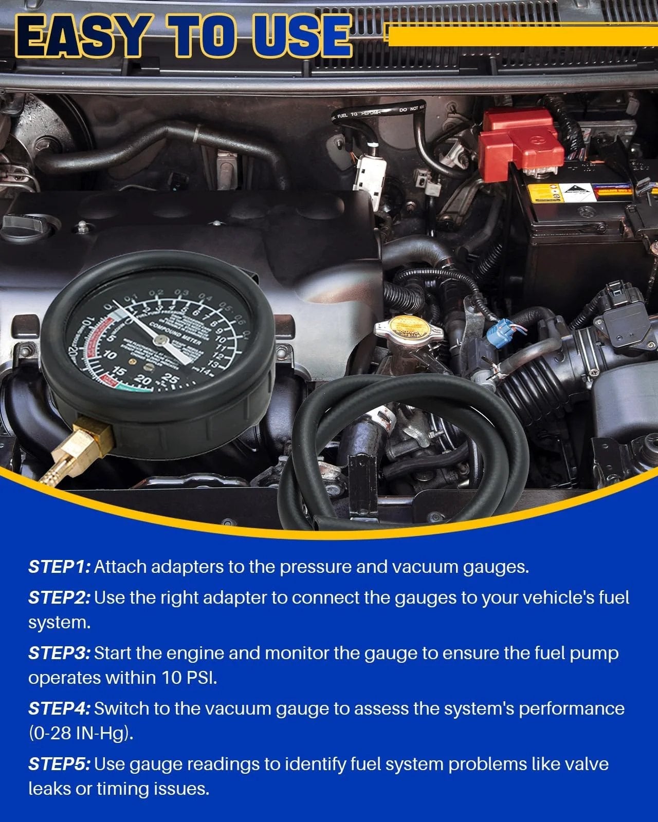 Car Vacuum And Fuel Pump Tester Gauge Kit For Fuel Pressure And Vacuum Diagnostics And Leak Detection For Carburetors And Fuel Systems Pro Grade Gauge Kit By DASBET displayed in an engine bay with pressure and vacuum gauges.