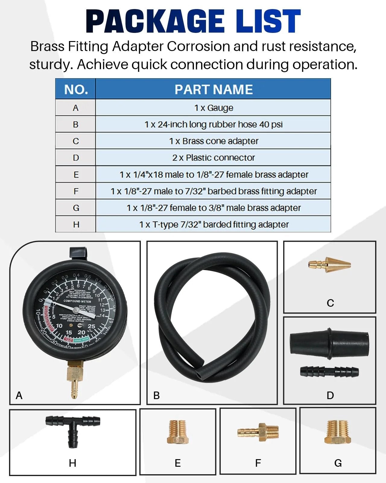 Car Vacuum And Fuel Pump Tester Gauge Kit For Fuel Pressure And Vacuum Diagnostics and Leak Detection with brass fittings and gauge.