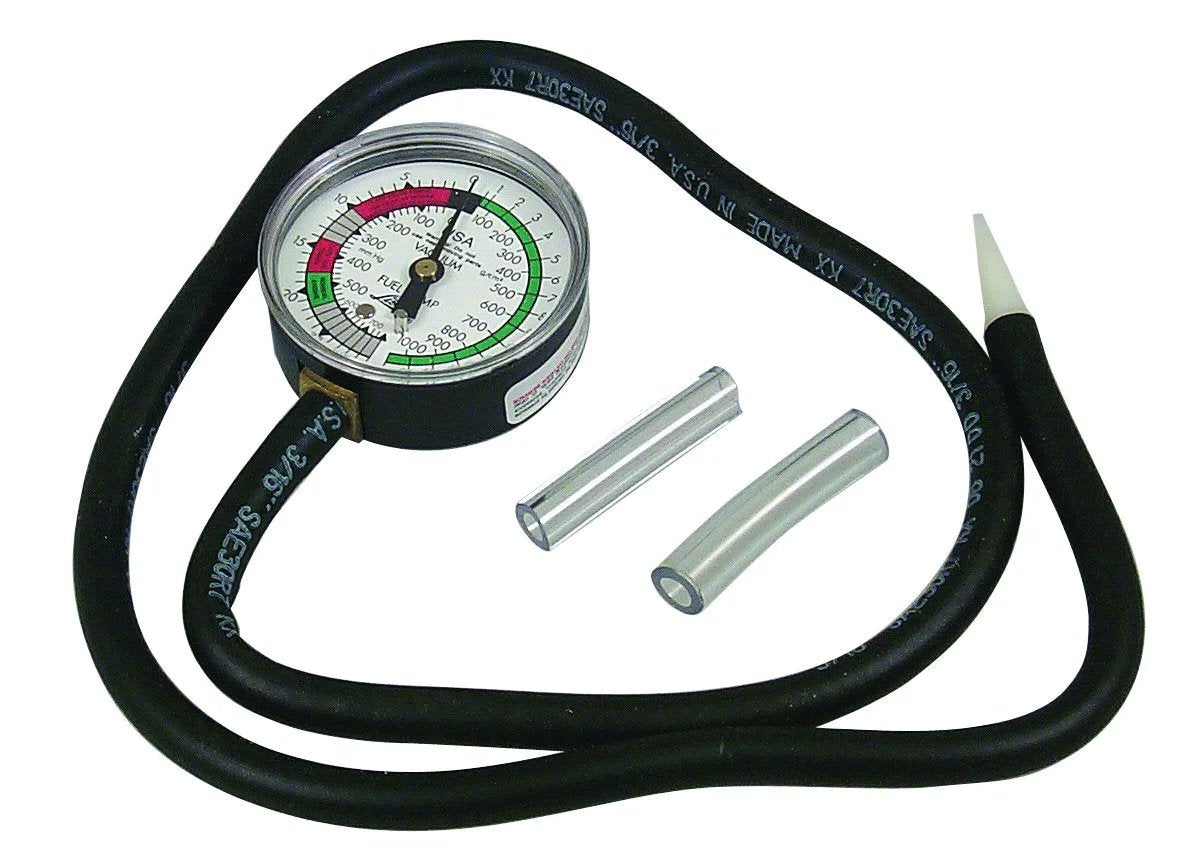 Easy Read Vacuum Gauge And Fuel Pump Tester Kit For Cars With Clear Dial For Precise Vacuum And Pressure Readouts 0 To 25 Inch Hg 0 To 800 Mm Hg 0 To 14 Psi 0 To 1000 Gcm2 All In One Professional Grade Lisle 20300 with rubber hose and metal connectors.