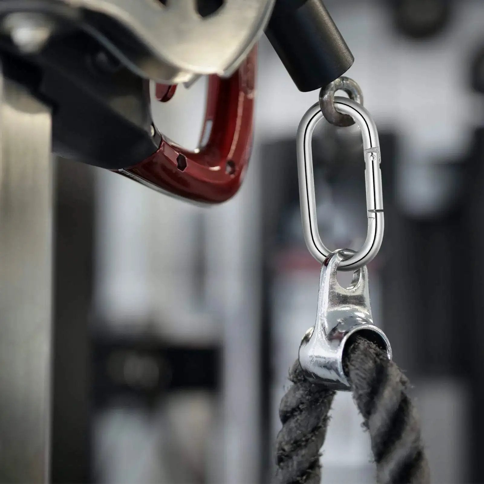 4 Inch Carabiner Clip Heavy Duty Spring Snap Hook Oval Shape 2 Pack 10x100mm Load Bearing 800 Lbs attached to a rope in gym setup