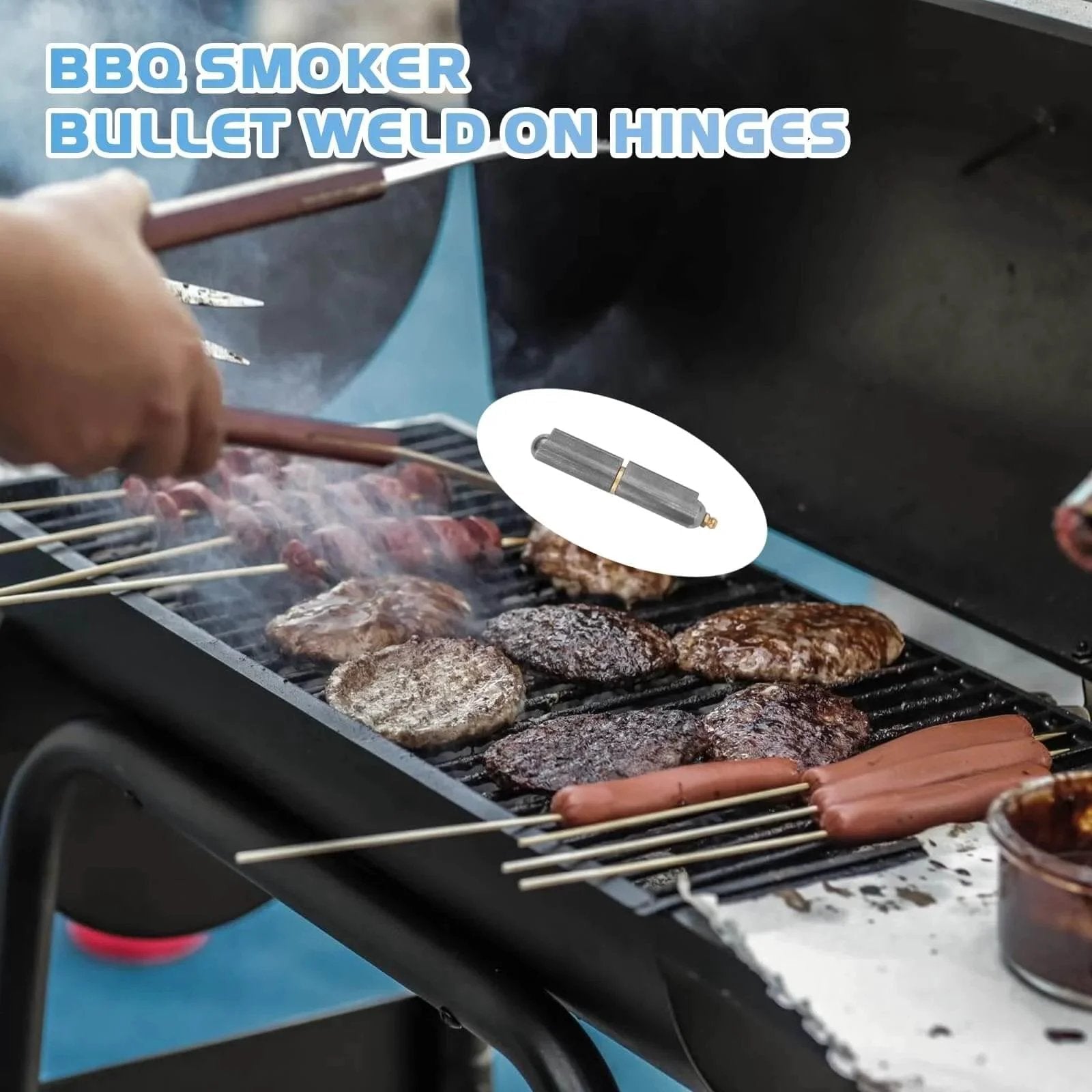 Grilling burgers and sausages on BBQ with 4 Pcs 4 Inch BBQ Smoker Bullet Weld On Hinges in focus, heavy-duty carbon steel hinge inset.