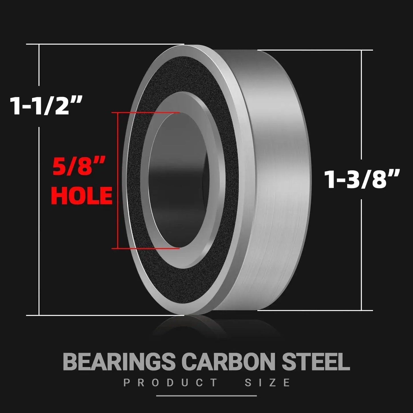 Diagram of carbon steel bearing showing dimensions; labeled 5/8 inch hole and 1-3/8 inch diameter for Four Pack Carbon Steel Bearings With Five Eighths Inch Bore Replacement For Lawn Mowers Wheelbarrows Carts And Hand Trucks Inner Diameter Five Eighths Inch Outer Diameter One And Three Eighths Inch.