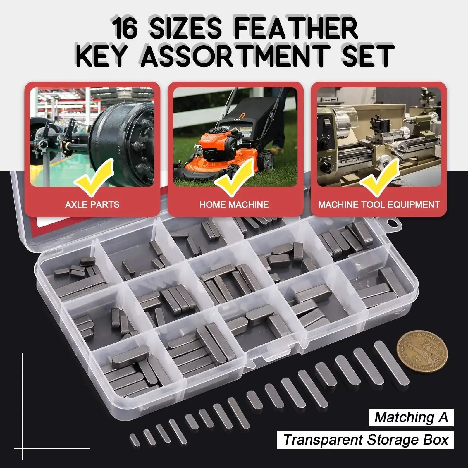 Pro Grade Carbon Steel Round Ended Feather Key Set Kit With 140Pcs In 16 Sizes in storage box next to machinery images