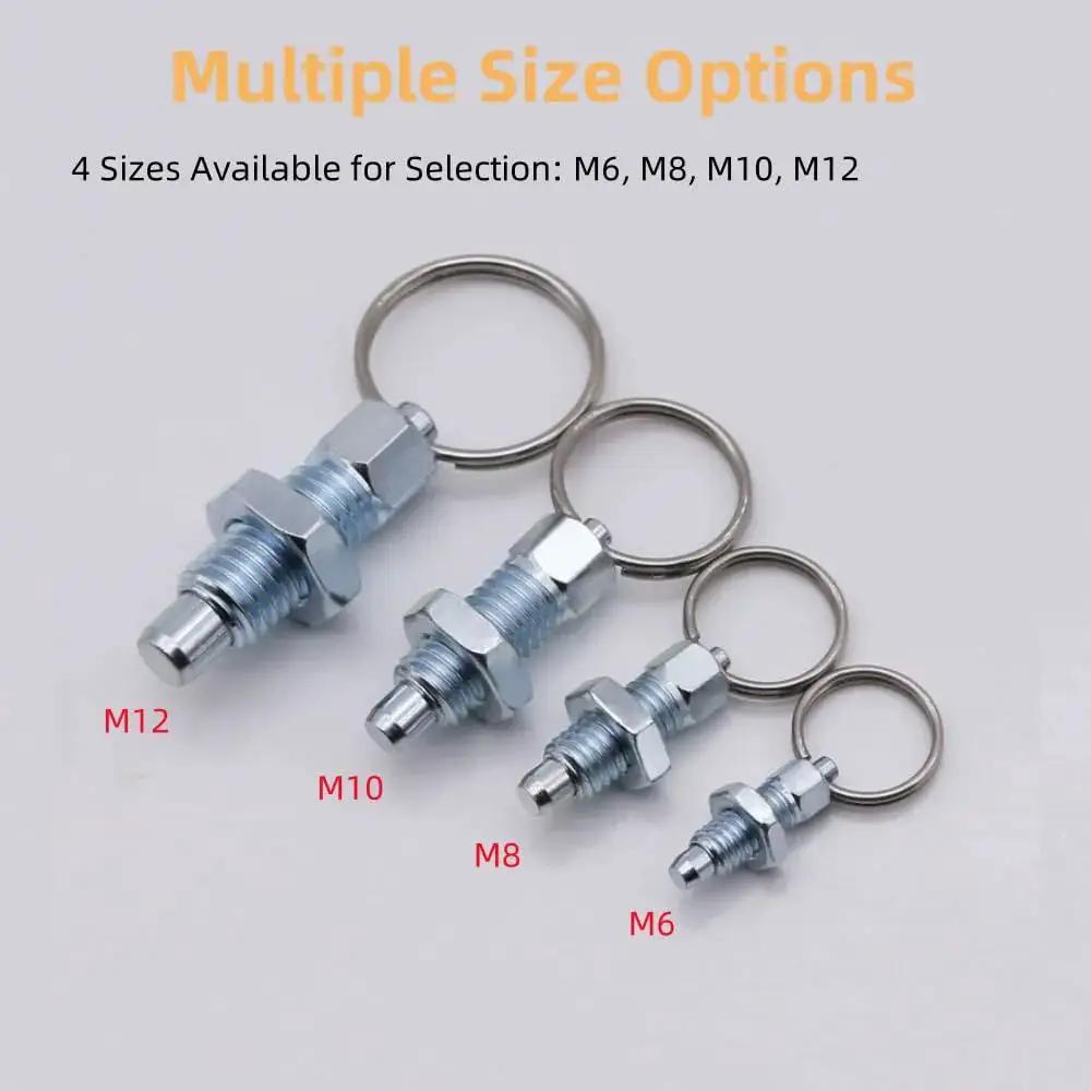 Multiple size options for Carbon Steel Pull Ring Indexing Plungers Set Of Six With Retractable Spring Mechanism and Quick Release Pins