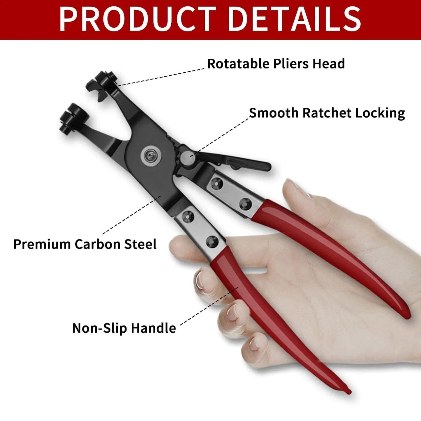 WiseUp 4 Piece Hose Clamp Pliers Set Including 27 Inch Long Reach Spring Clamp Pliers Clic R Type Pliers Hose Remover And Flat Band Clamp Tool For Automotive Fuel Oil Coolant And Radiator Hoses showing detailed pliers with rotatable head.
