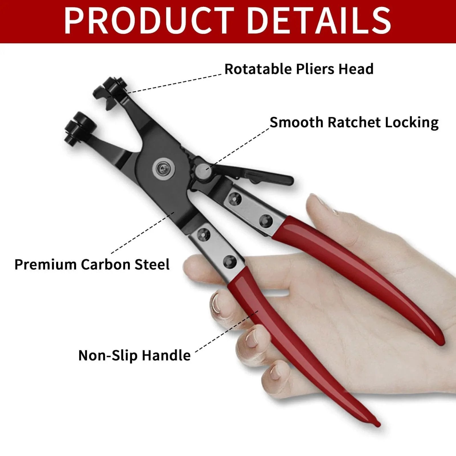 WiseUp 4 Piece Hose Clamp Pliers Set Including 27 Inch Long Reach Spring Clamp Pliers Clic R Type Pliers Hose Remover And Flat Band Clamp Tool For Automotive Fuel Oil Coolant And Radiator Hoses showing detailed pliers with rotatable head.