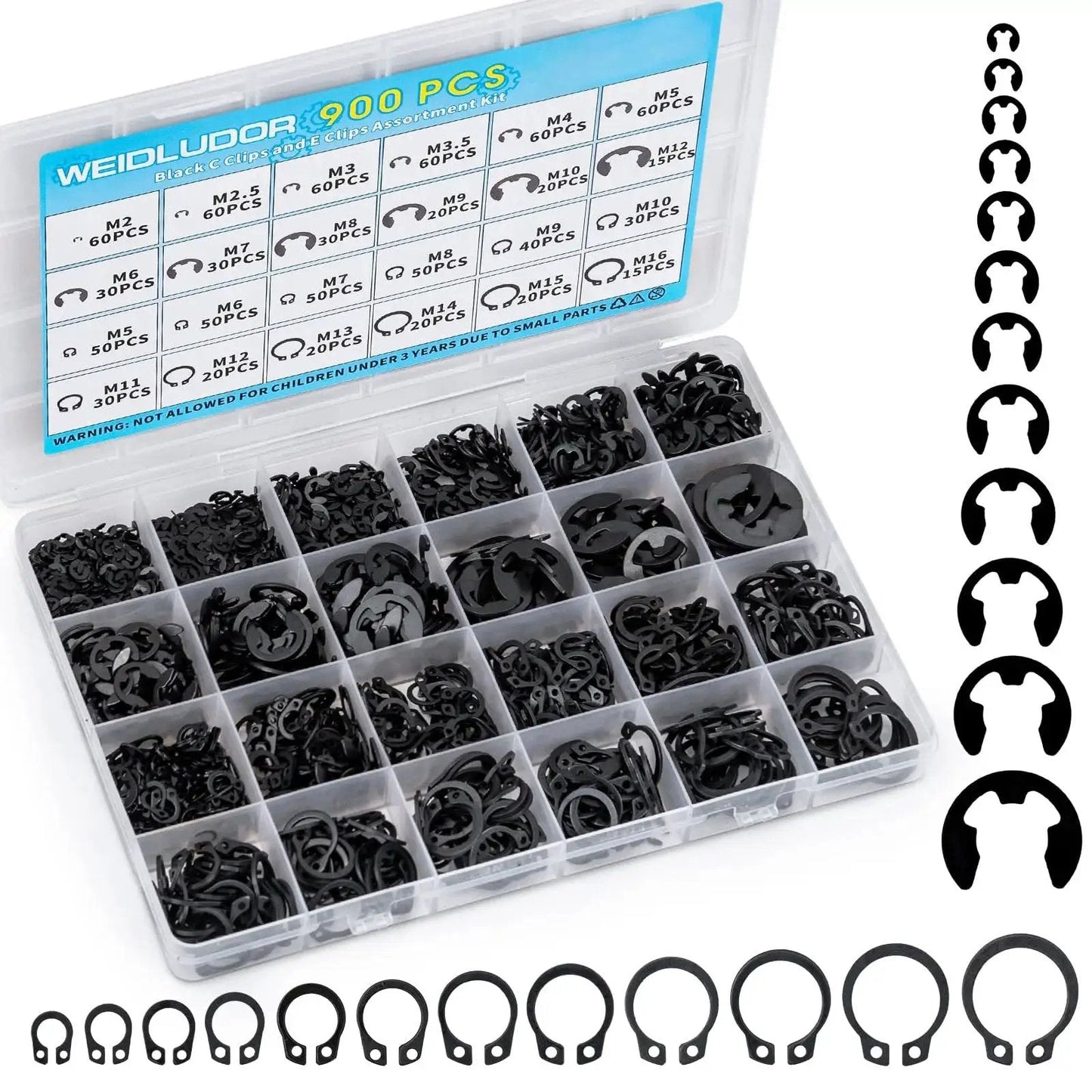 900 Piece Carbon Steel Retaining Rings Set With 24 Size C Clips And E Clips Assortment Kit in labeled storage box