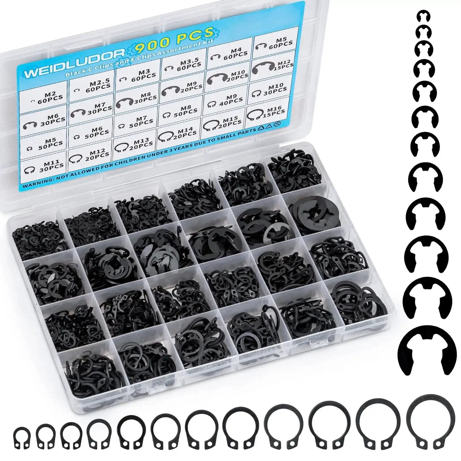 900 Piece Carbon Steel Retaining Rings Set With 24 Size C Clips And E Clips Assortment Kit in labeled storage box